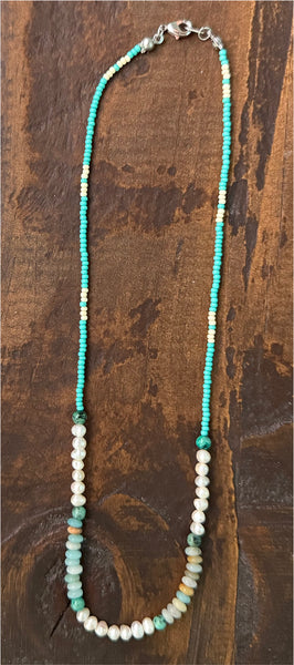 Amazonite, Pearls, African Turquoise & Glass Beads Boho Hippie Beach Design - Handmade Jewelry Necklace