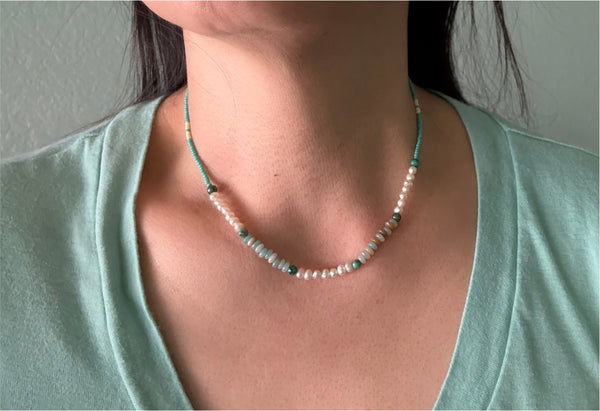 Amazonite, Pearls, African Turquoise & Glass Beads Boho Hippie Beach Design - Handmade Jewelry Necklace