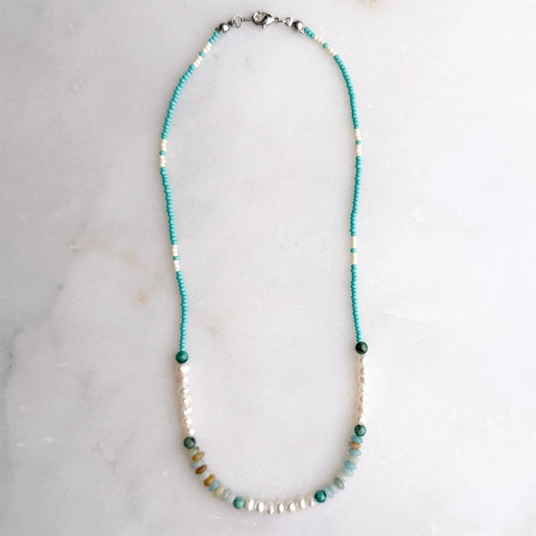 Amazonite, Pearls, African Turquoise & Glass Beads Boho Hippie Beach Design - Handmade Jewelry Necklace