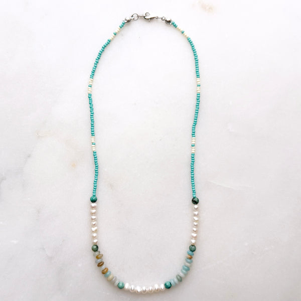 Amazonite, Pearls, African Turquoise & Glass Beads Boho Hippie Beach Design - Handmade Jewelry Necklace