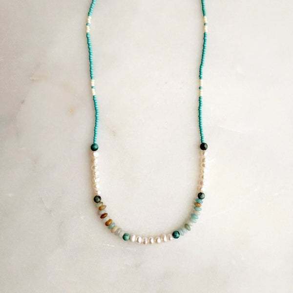 Amazonite, Pearls, African Turquoise & Glass Beads Boho Hippie Beach Design - Handmade Jewelry Necklace