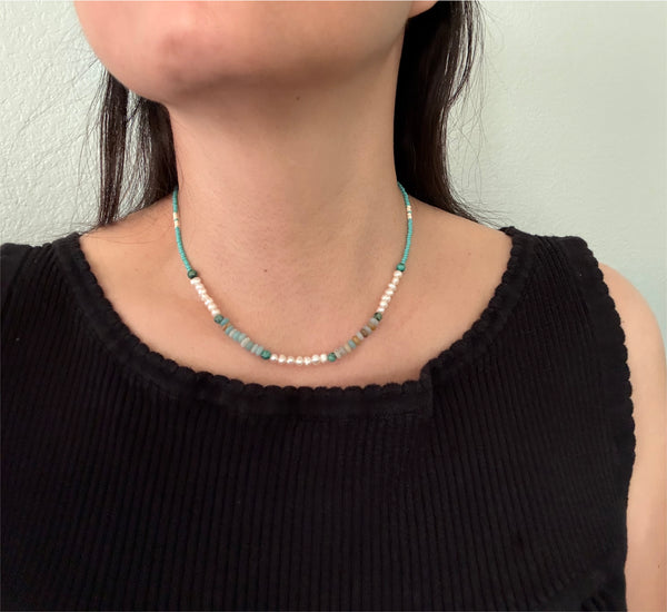 Amazonite, Pearls, African Turquoise & Glass Beads Boho Hippie Beach Design - Handmade Jewelry Necklace