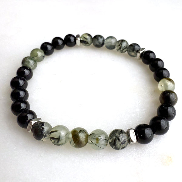 Prehnite and Black Onyx Beads Gemstones Crystals Boho Hippie Design - Stretch Bracelet Handmade Jewelry