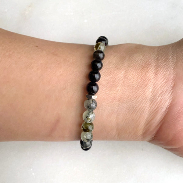 Prehnite and Black Onyx Beads Gemstones Crystals Boho Hippie Design - Stretch Bracelet Handmade Jewelry