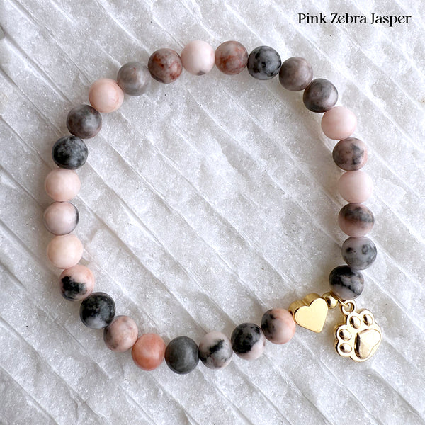 Dog or Cat Pet Memorial Stretch Bracelet Gift with Rainbow Chakra Gemstones, Gold-Plated paw charm & heart bead, Sympathy Gift, 7 Chakra Memorial Stretch Bracelet for Women Men Who Loss of beloved fur baby