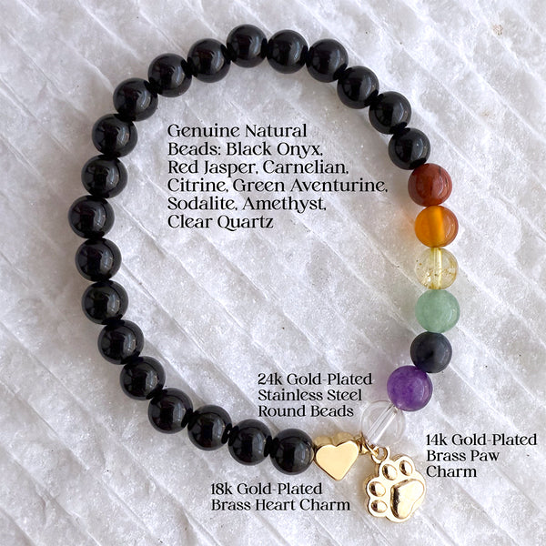 Dog or Cat Pet Memorial Stretch Bracelet Gift with Rainbow Chakra Gemstones, Gold-Plated paw charm & heart bead, Sympathy Gift, 7 Chakra Memorial Stretch Bracelet for Women Men Who Loss of beloved fur baby