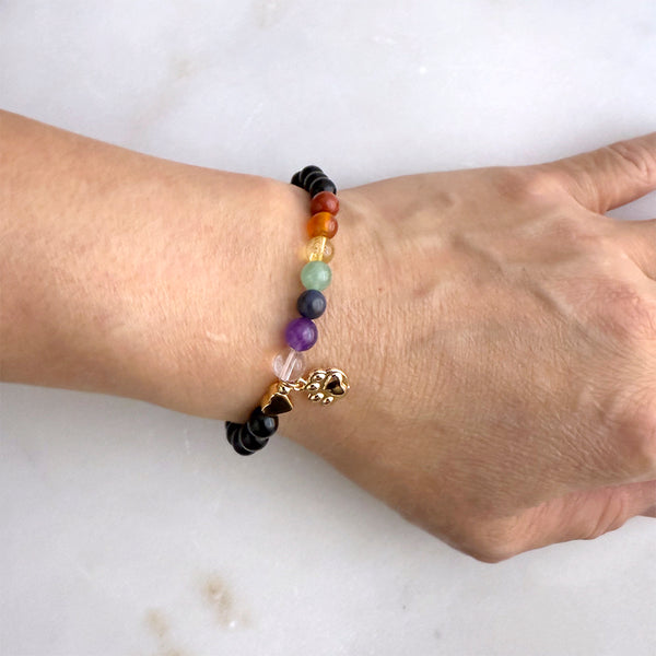 Dog or Cat Pet Memorial Stretch Bracelet Gift with Rainbow Chakra Gemstones, Gold-Plated paw charm & heart bead, Sympathy Gift, 7 Chakra Memorial Stretch Bracelet for Women Men Who Loss of beloved fur baby