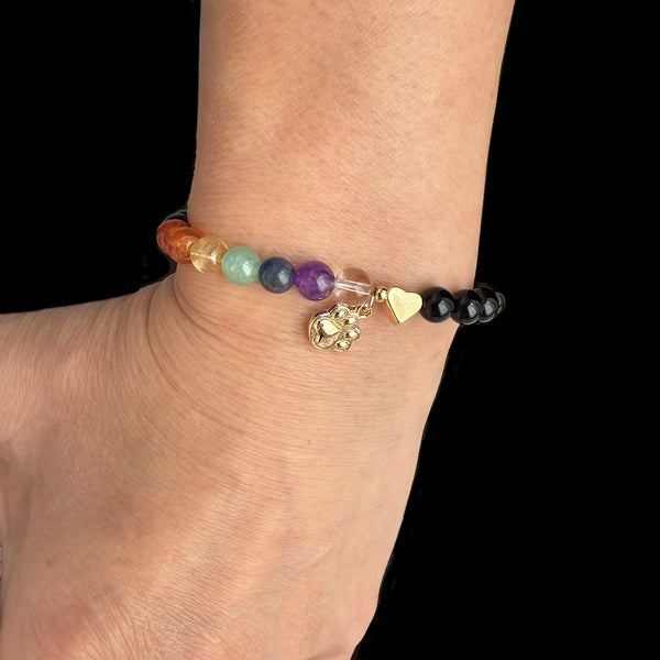 Dog or Cat Pet Memorial Stretch Bracelet Gift with Rainbow Chakra Gemstones, Gold-Plated paw charm & heart bead, Sympathy Gift, 7 Chakra Memorial Stretch Bracelet for Women Men Who Loss of beloved fur baby