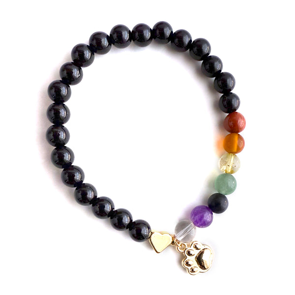 Dog or Cat Pet Memorial Stretch Bracelet Gift with Rainbow Chakra Gemstones, Gold-Plated paw charm & heart bead, Sympathy Gift, 7 Chakra Memorial Stretch Bracelet for Women Men Who Loss of beloved fur baby