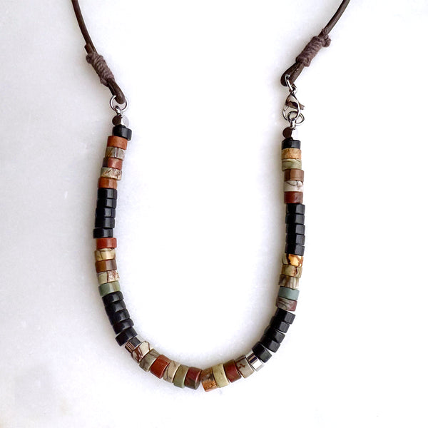 Red Creek Jasper & Black Onyx Gemstones Crystals Beads Boho Hippie Beach Design - Handmade Jewelry Necklace Men Women