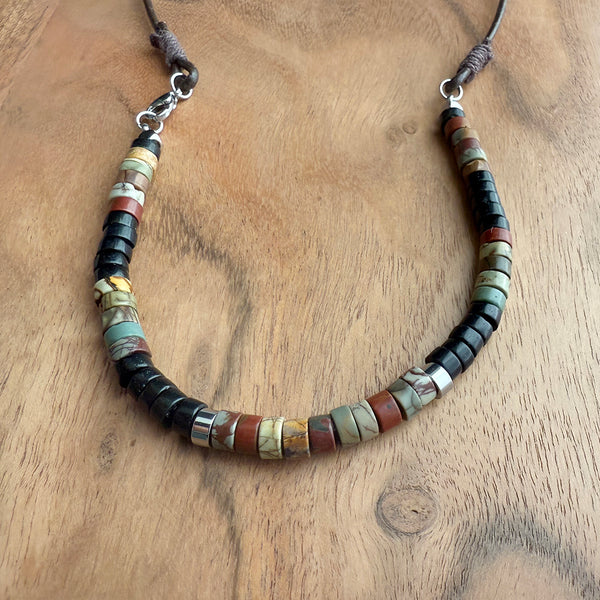 Red Creek Jasper & Black Onyx Gemstones Crystals Beads Boho Hippie Beach Design - Handmade Jewelry Necklace Men Women