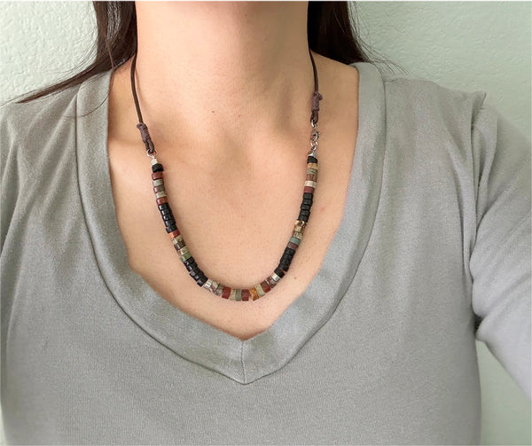 Red Creek Jasper & Black Onyx Gemstones Crystals Beads Boho Hippie Beach Design - Handmade Jewelry Necklace Men Women