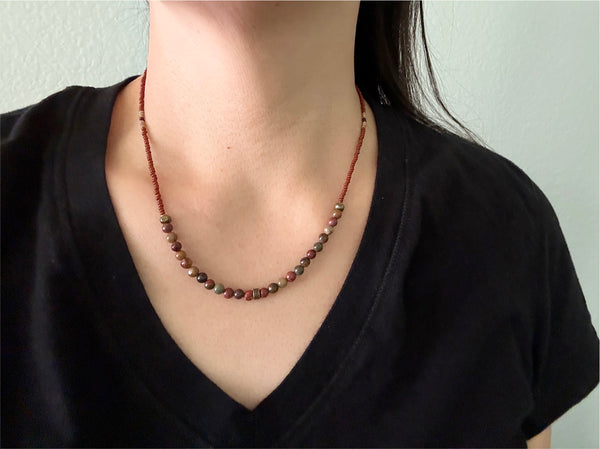Red Creek Jasper Gemstones Crystals & Glass Beads Boho Hippie Beach Design - Handmade Jewelry Necklace