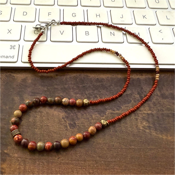 Red Creek Jasper Gemstones Crystals & Glass Beads Boho Hippie Beach Design - Handmade Jewelry Necklace