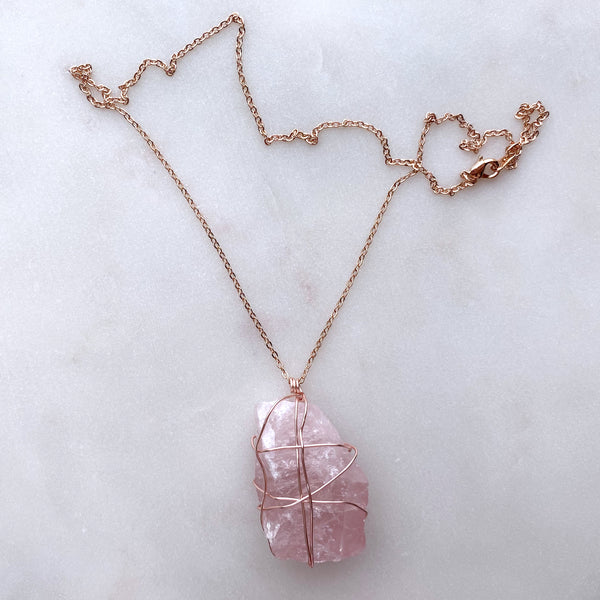 Rose Quartz Raw Crystal Gemstone Wirewrapped 01 - 16 Kt Rose Gold plated chain necklace Handmade Jewelry - Great gift