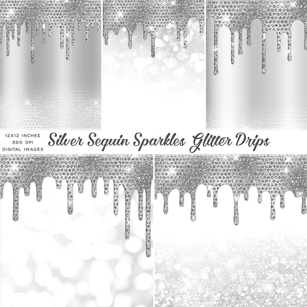Silver Sequin Sparkles Glitter Drips - Backgrounds Images High Resolution - Instant Download Digital Clip art