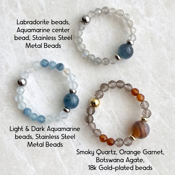Gemstone Beaded Stretch Rings - Aquamarine Amethyst Carnelian Turquoise Topaz Gold - Handmade Jewelry