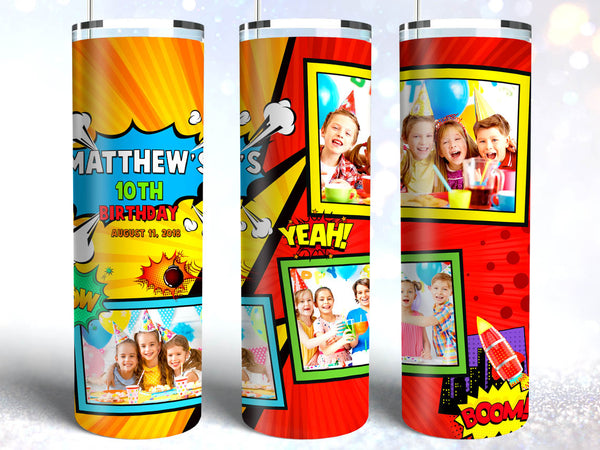 Tumbler Template Design - Superhero Kids Birthday Party Photo Collage PNG Sublimation 20 oz Skinny Tumbler High Resolution Instant Download Full Wrap Digital