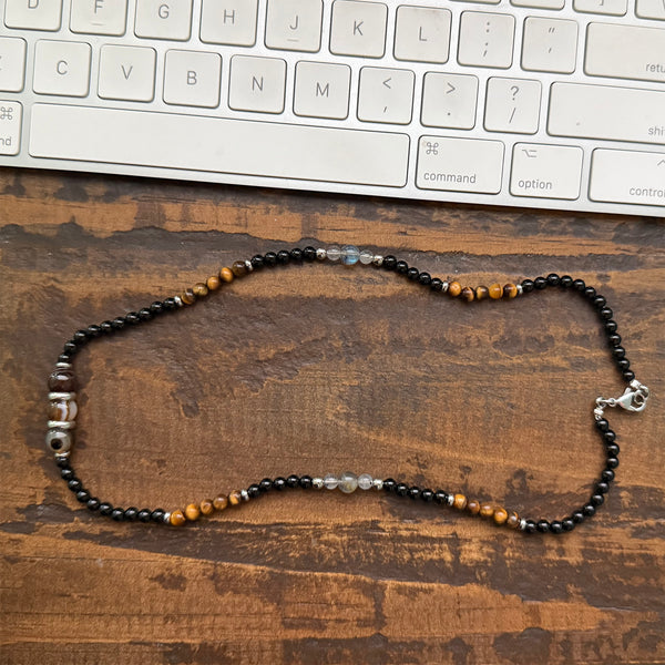 Tiger's Eye, Black Onyx, Agate Boho Hippie Design - Handmade Jewelry Necklace