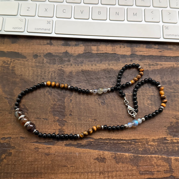 Tiger's Eye, Black Onyx, Agate Boho Hippie Design - Handmade Jewelry Necklace