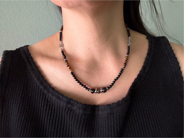 Tiger's Eye, Black Onyx, Agate Boho Hippie Design - Handmade Jewelry Necklace