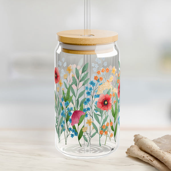Wildflowers design 02 Eco-Friendly 16oz Sipper Glass w/ Bamboo Lid, Drinkware, glass water bottle, Beverage Container, Reusable, Glassware, Home Gifts