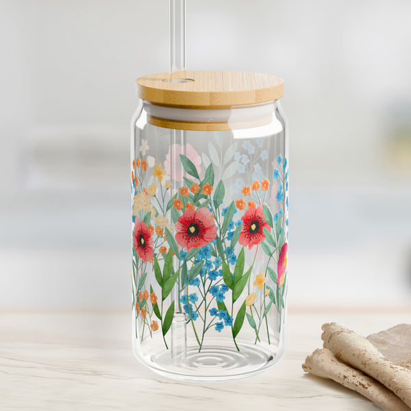 Wildflowers design 02 Eco-Friendly 16oz Sipper Glass w/ Bamboo Lid, Drinkware, glass water bottle, Beverage Container, Reusable, Glassware, Home Gifts