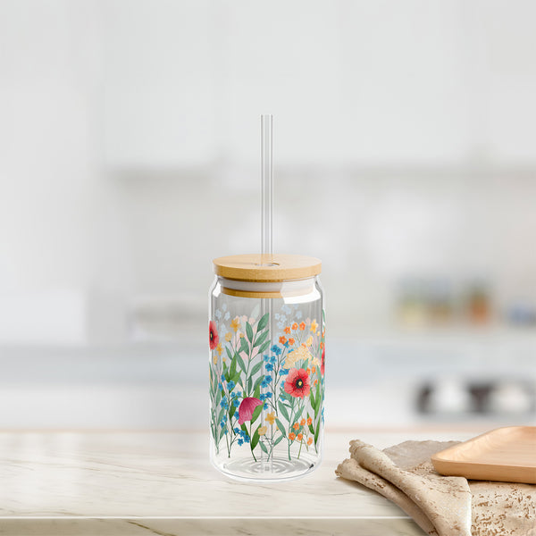 Wildflowers design 02 Eco-Friendly 16oz Sipper Glass w/ Bamboo Lid, Drinkware, glass water bottle, Beverage Container, Reusable, Glassware, Home Gifts