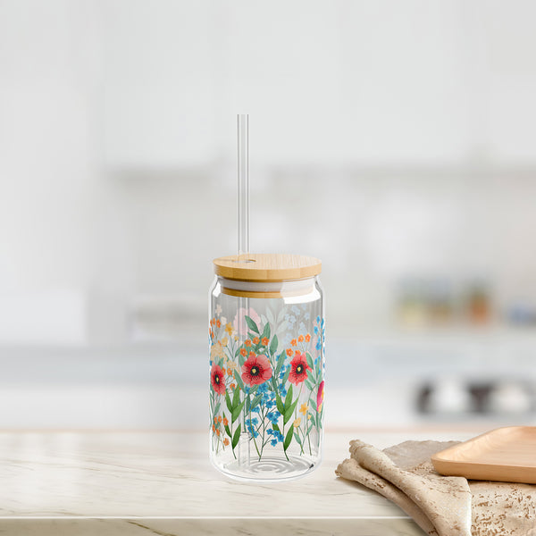 Wildflowers design 02 Eco-Friendly 16oz Sipper Glass w/ Bamboo Lid, Drinkware, glass water bottle, Beverage Container, Reusable, Glassware, Home Gifts