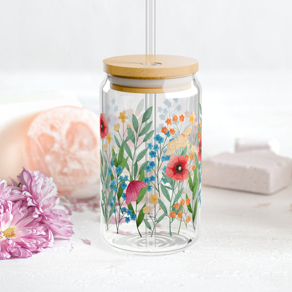Wildflowers design 02 Eco-Friendly 16oz Sipper Glass w/ Bamboo Lid, Drinkware, glass water bottle, Beverage Container, Reusable, Glassware, Home Gifts