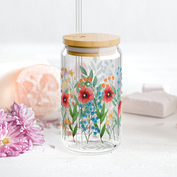 Wildflowers design 02 Eco-Friendly 16oz Sipper Glass w/ Bamboo Lid, Drinkware, glass water bottle, Beverage Container, Reusable, Glassware, Home Gifts