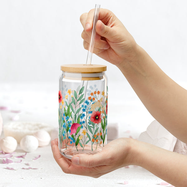 Wildflowers design 02 Eco-Friendly 16oz Sipper Glass w/ Bamboo Lid, Drinkware, glass water bottle, Beverage Container, Reusable, Glassware, Home Gifts