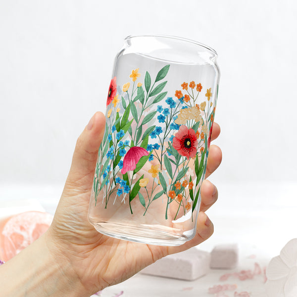 Wildflowers design 02 Eco-Friendly 16oz Sipper Glass w/ Bamboo Lid, Drinkware, glass water bottle, Beverage Container, Reusable, Glassware, Home Gifts