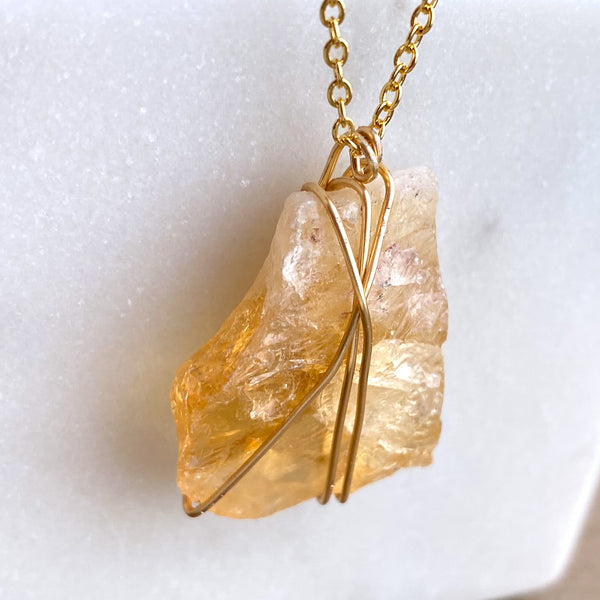 Citrine Raw Crystal Gemstone Wirewrapped 02 - 16 Kt Gold plated chain necklace Handmade Jewelry - Great gift
