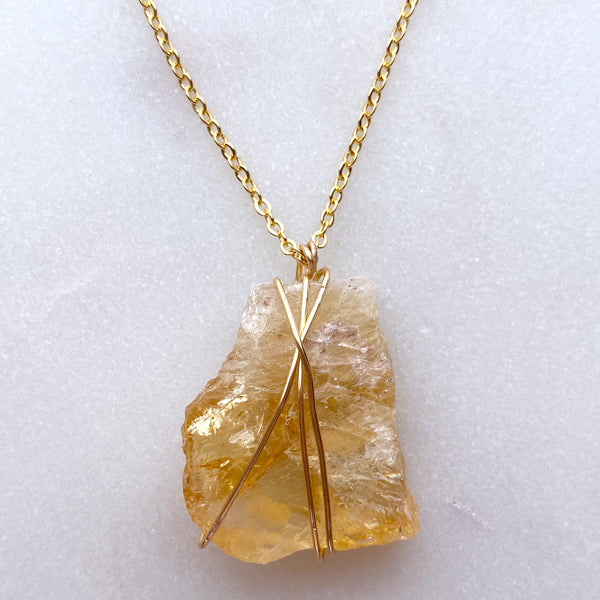 Citrine Raw Crystal Gemstone Wirewrapped 02 - 16 Kt Gold plated chain necklace Handmade Jewelry - Great gift