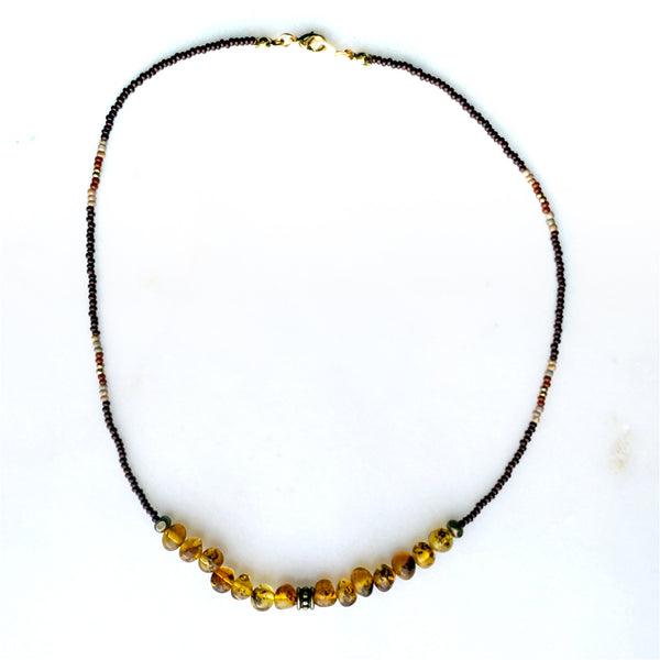 Genuine Natural Amber Gemstones Crystals & Glass Beads Boho Hippie Beach Design - Handmade Jewelry Necklace