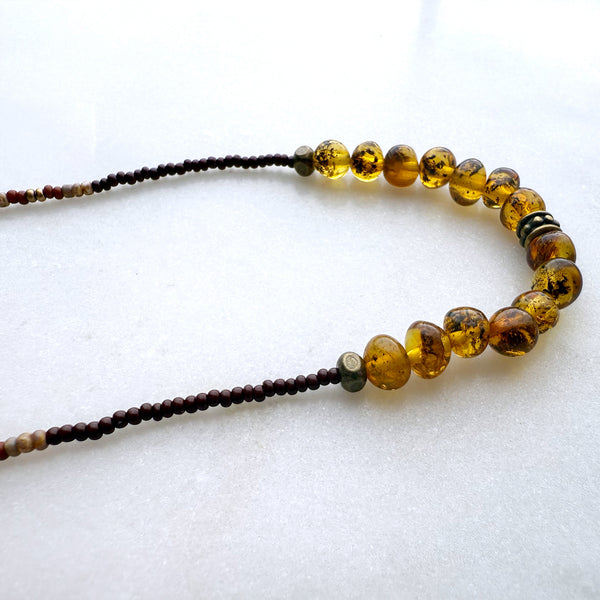 Genuine Natural Amber Gemstones Crystals & Glass Beads Boho Hippie Beach Design - Handmade Jewelry Necklace