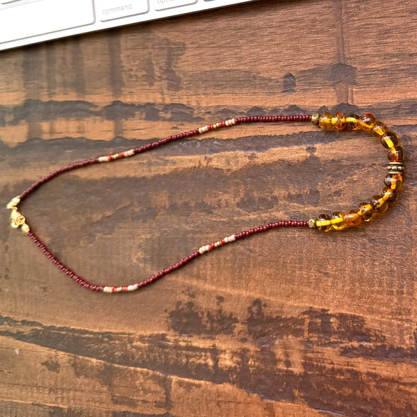Genuine Natural Amber Gemstones Crystals & Glass Beads Boho Hippie Beach Design - Handmade Jewelry Necklace