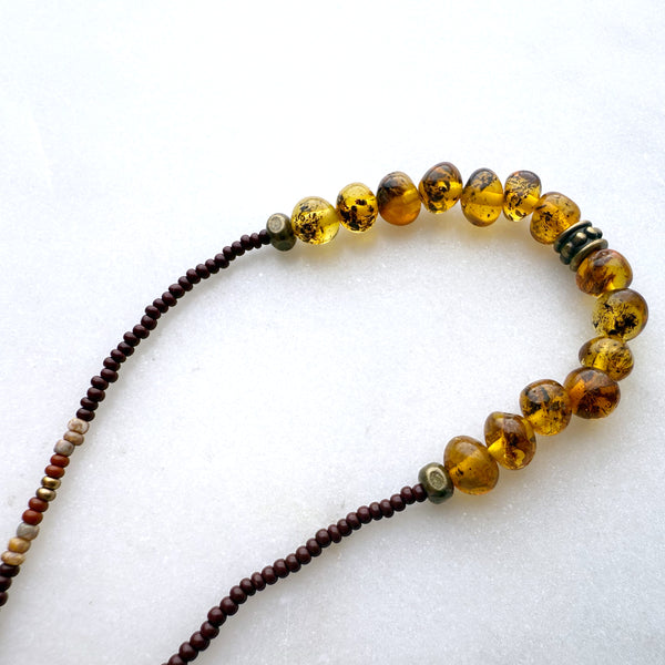 Genuine Natural Amber Gemstones Crystals & Glass Beads Boho Hippie Beach Design - Handmade Jewelry Necklace