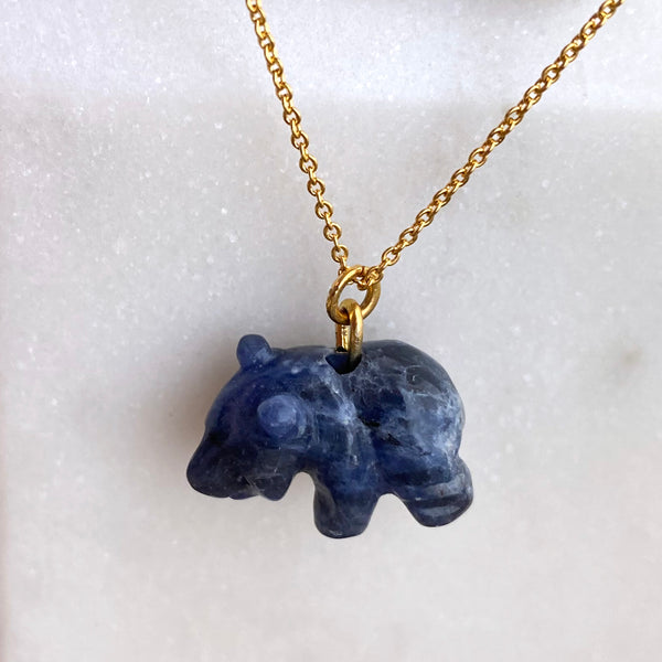 Dark Blue Bear Gemstone animal carvings necklace Gold plated chain necklace Handmade Jewelry