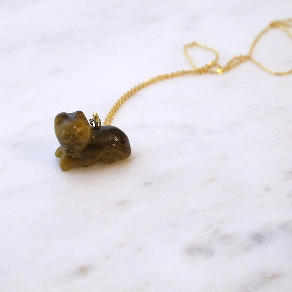 Brown Cat Tiger's Eye Gemstone animal carvings necklace Gold plated chain necklace Handmade Jewelry