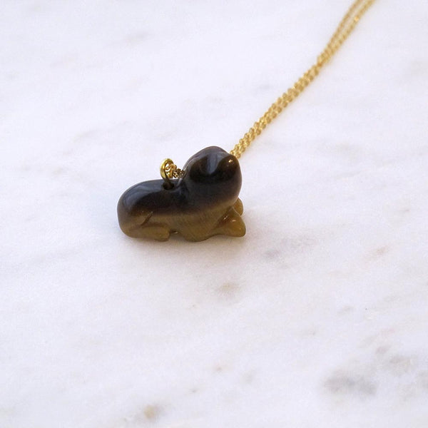 Brown Cat Tiger's Eye Gemstone animal carvings necklace Gold plated chain necklace Handmade Jewelry