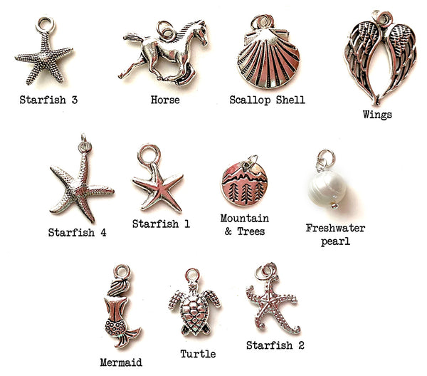 Beach Sea Glass Necklace with Freshwater Pearl, Sea Glass & Starfish Turtle Mermaid Mountain Trees Angel Wings Horse Charm Handmade Jewelry