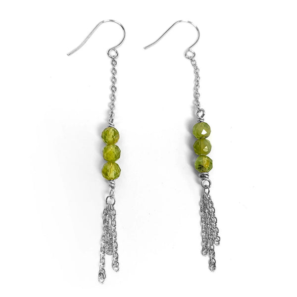 Peridot Genuine Natural Gemstone with Chain Fringe Earrings in colors of Gold Silver or Rose Gold Chain Boho Handmade Jewelry Birthstone