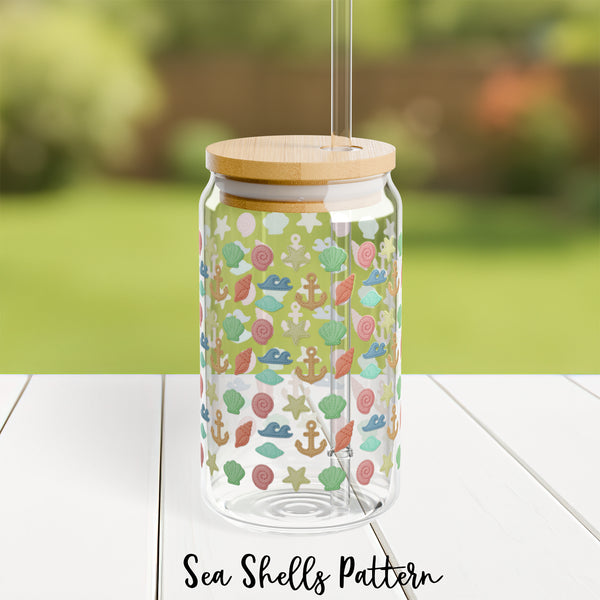 Sea Shells Plush Ocean Theme Eco-Friendly 16oz Sipper Glass w/ Bamboo Lid, Drinkware, glass water bottle, Beverage Container, Reusable, Glassware, Home Gifts