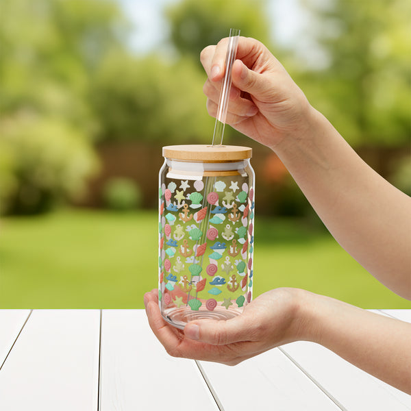 Sea Shells Plush Ocean Theme Eco-Friendly 16oz Sipper Glass w/ Bamboo Lid, Drinkware, glass water bottle, Beverage Container, Reusable, Glassware, Home Gifts