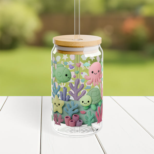 Under the Sea Plush Ocean Theme Eco-Friendly 16oz Sipper Glass w/ Bamboo Lid, Drinkware, glass water bottle, Beverage Container, Reusable, Glassware, Home Gifts