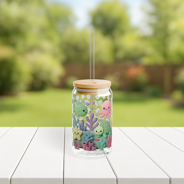 Under the Sea Plush Ocean Theme Eco-Friendly 16oz Sipper Glass w/ Bamboo Lid, Drinkware, glass water bottle, Beverage Container, Reusable, Glassware, Home Gifts