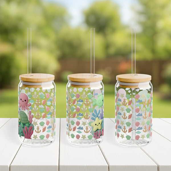Under the Sea Plush Ocean Theme Eco-Friendly 16oz Sipper Glass w/ Bamboo Lid, Drinkware, glass water bottle, Beverage Container, Reusable, Glassware, Home Gifts