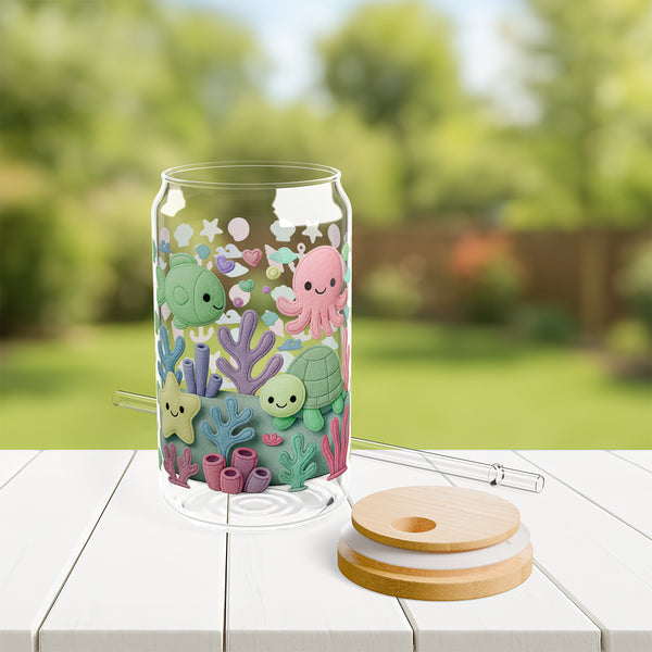 Under the Sea Plush Ocean Theme Eco-Friendly 16oz Sipper Glass w/ Bamboo Lid, Drinkware, glass water bottle, Beverage Container, Reusable, Glassware, Home Gifts
